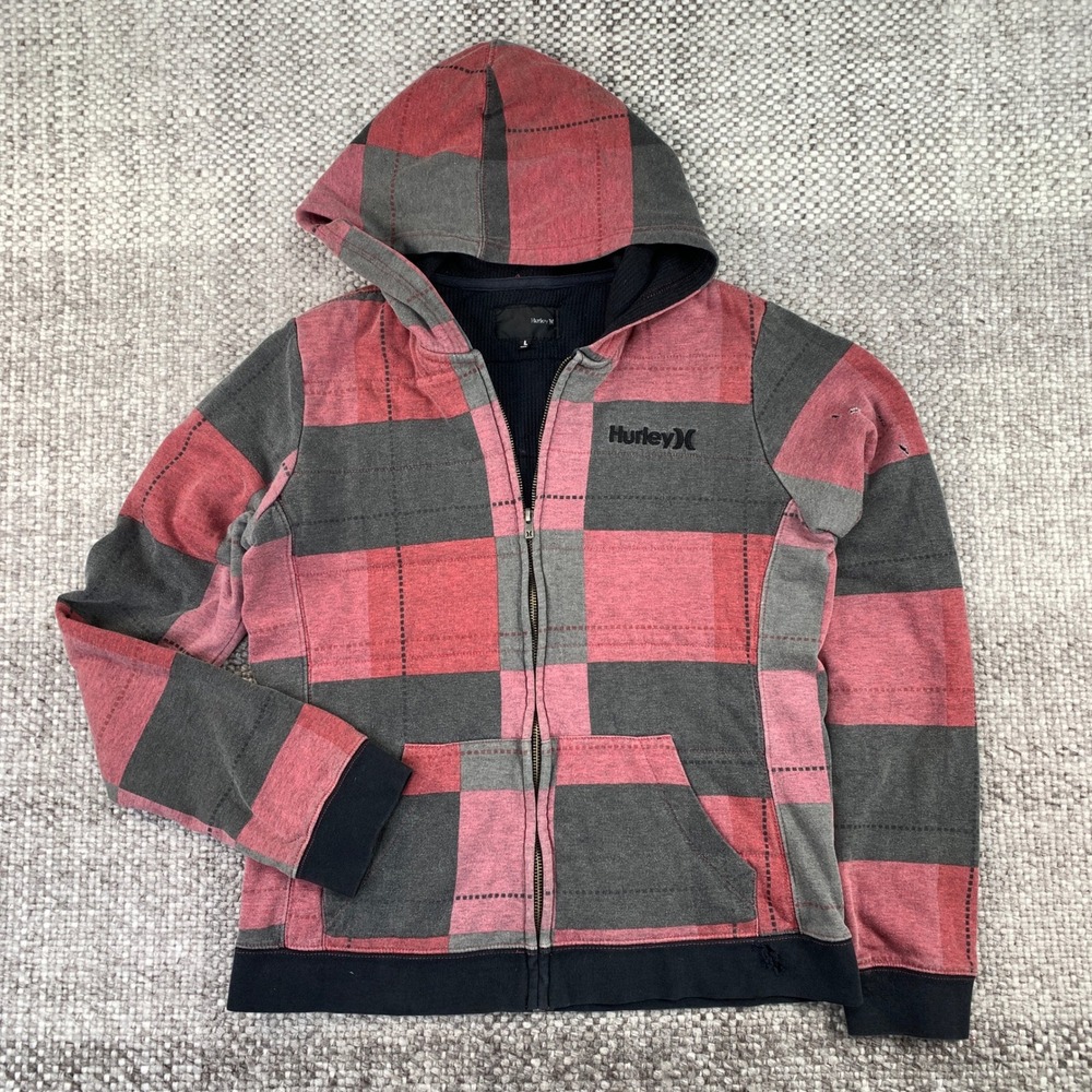 Hurley Full Zip Hoodie Mens L Red Grey Waffle Lined Buffalo Plaid GTHZDIM
